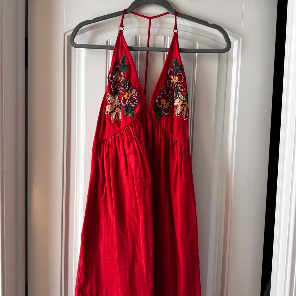 Free People Red Embroidered Floral Halter Dress